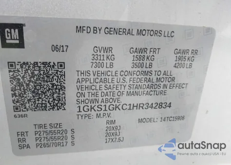 2017 GMC Yukon Xl Slt from USA, damaged, VIN 1GKS1GKC1HR342834